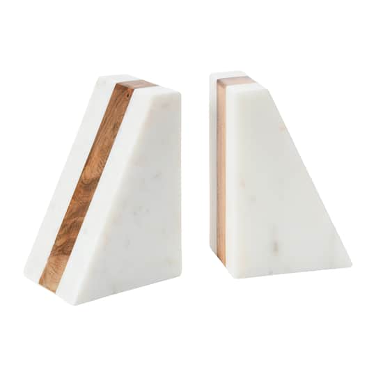 Hello Honey® 6" White Marble Geometric Bookends with Wood Inlay